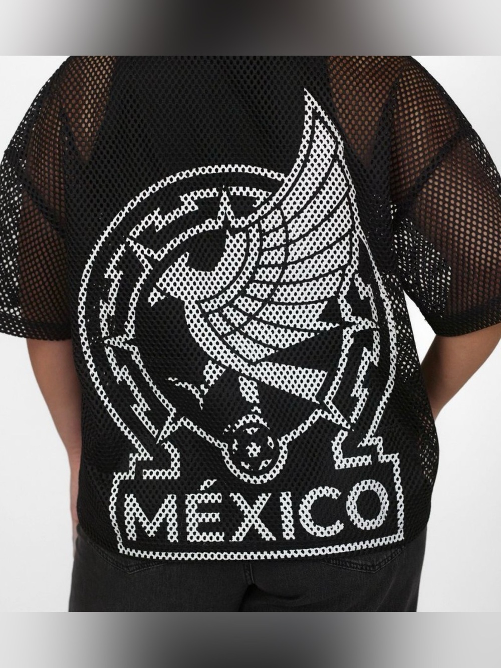 Black Mexico Mesh Graphic Tee with White Eagle Print - Picture 2 of 5